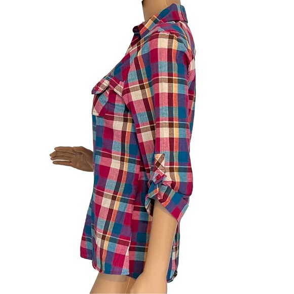 NEW Women's Passport Multicolor Plaid Shirt, Size M, Long Sleeve, Breast Pockets - Picture 3 of 5